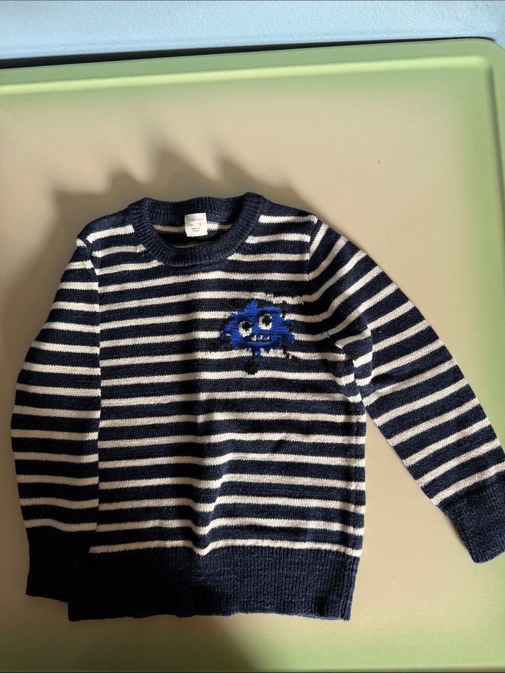 Kids Striped Navy & White Crewcuts Sweater with Blue Monster